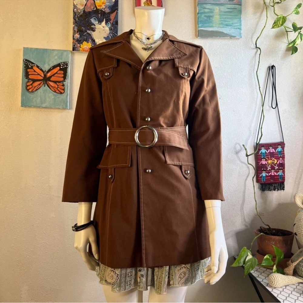 American Vintage Brown Double-Breasted Belted Trench Coat - Picture 6 of 12